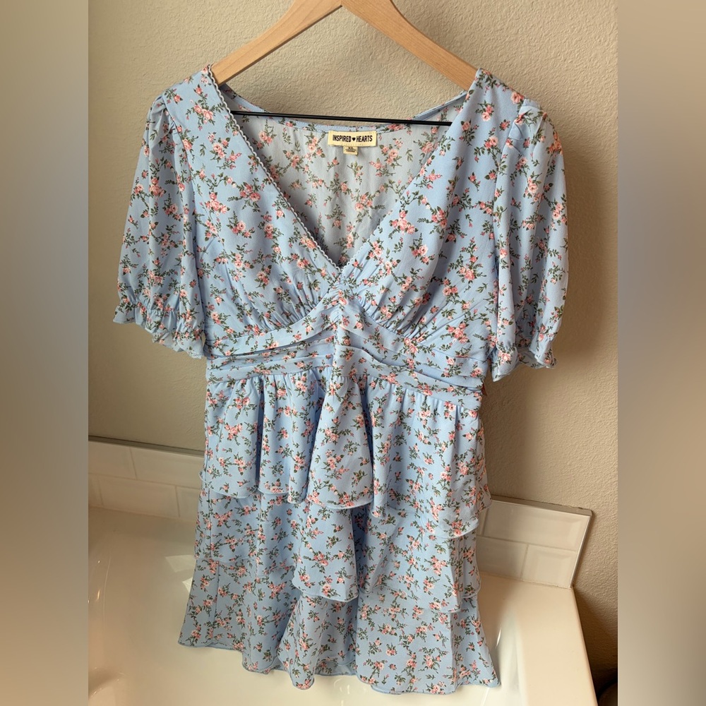 Inspired Hearts Soft Blue Dress with Pink Floral Pattern - Picture 5 of 5